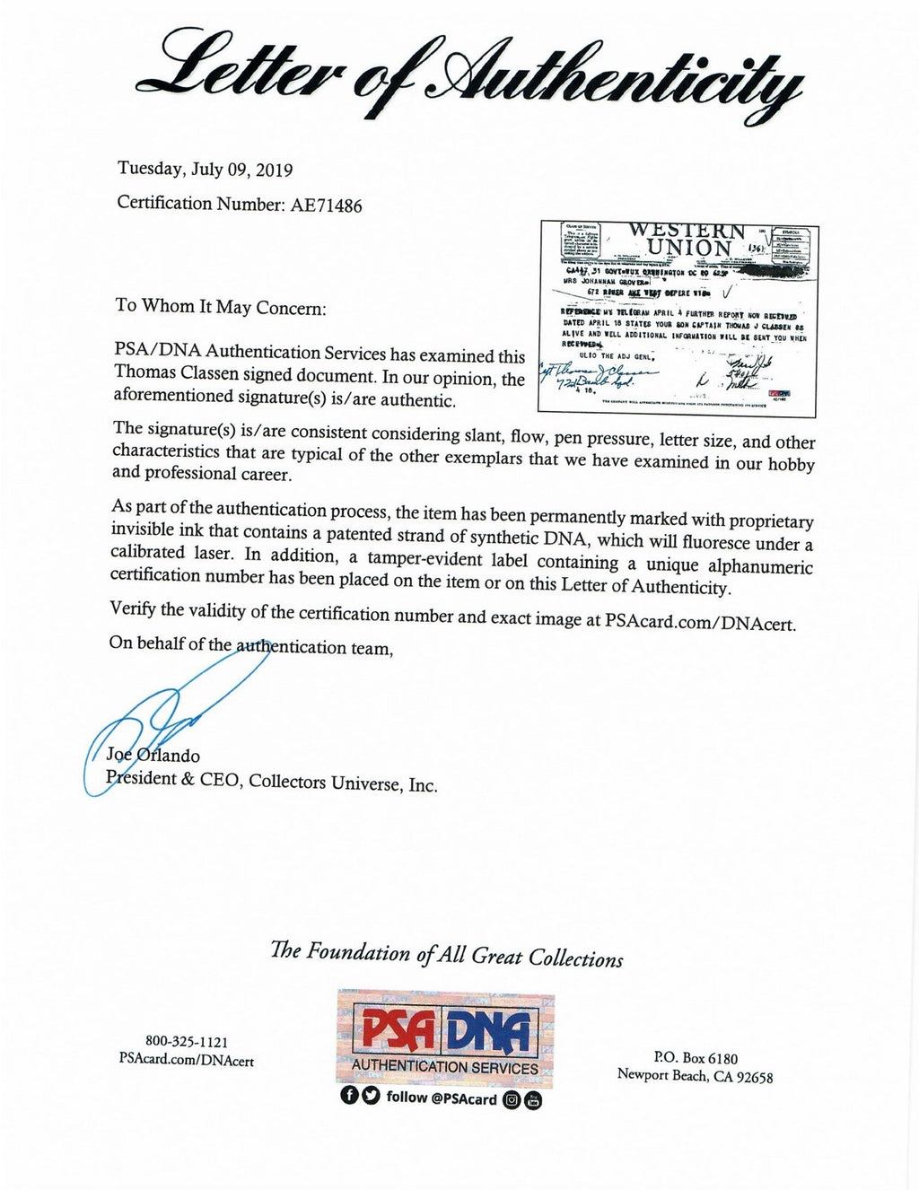 THOMAS CLASSEN SIGNED WESTERN UNION DOCUMENT PSA DNA AE71486 (D) WWII 72ND BS1