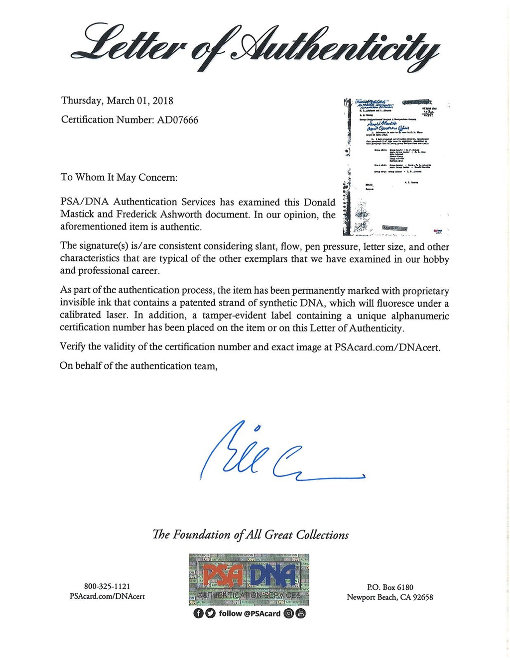 FREDERICK ASHWORTH / DON MASTICK SIGNED PROJECT ALBERTA DOCUMENT PSA DNA AD076661