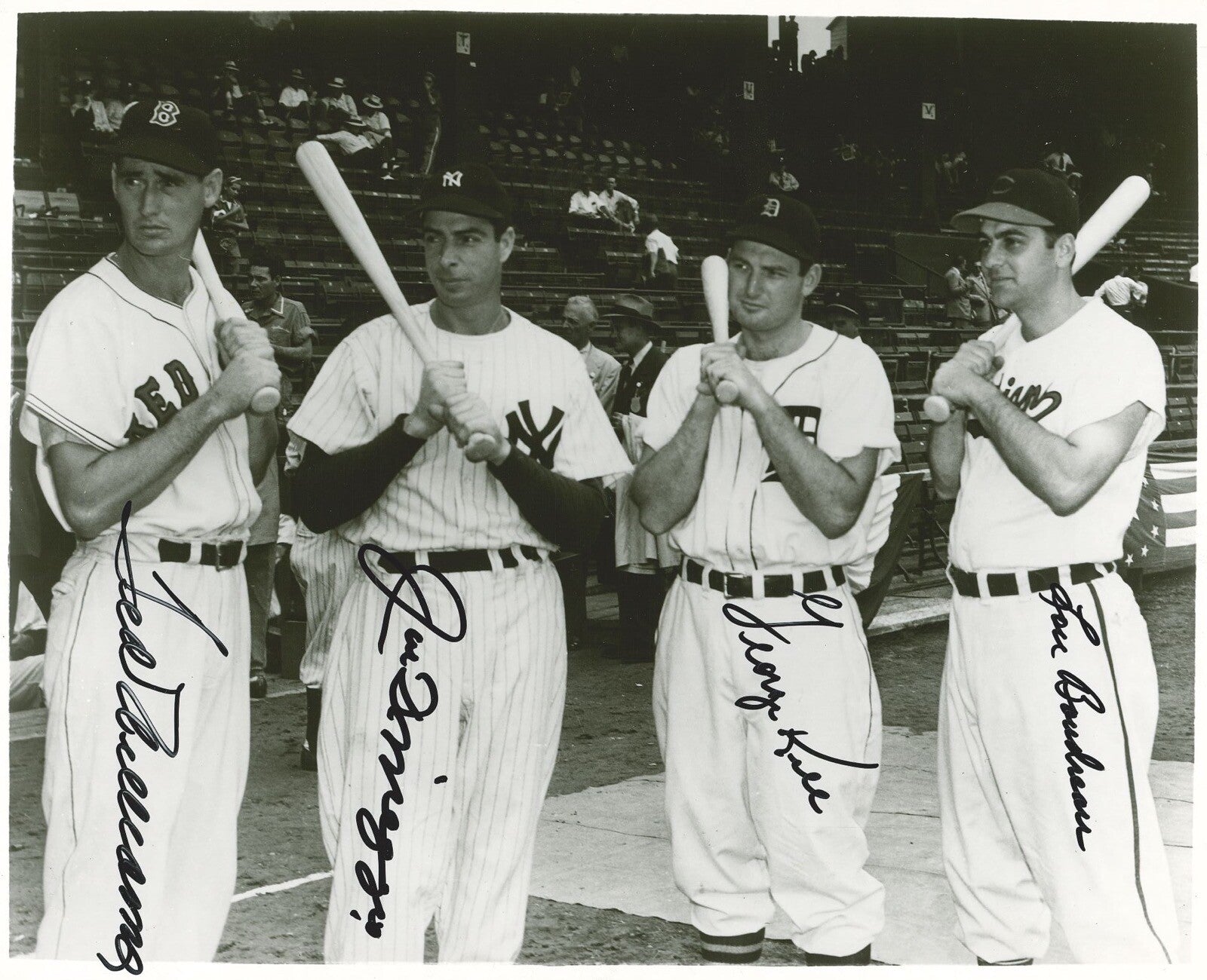 TED WILLIAMS JOE DIMAGGIO GEORGE KELL LOU BOUDREAU SIGNED 8X10 PSA DNA AF047600