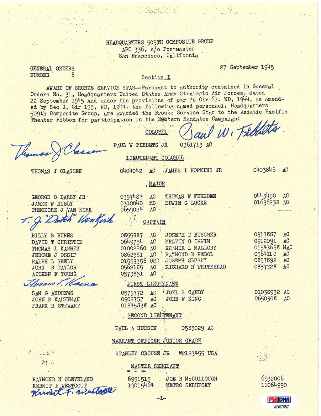 509th COMP GROUP MULTI SIGNED BRONZE STAR DOCUMENT PSA DNA AD07657 (D) X50