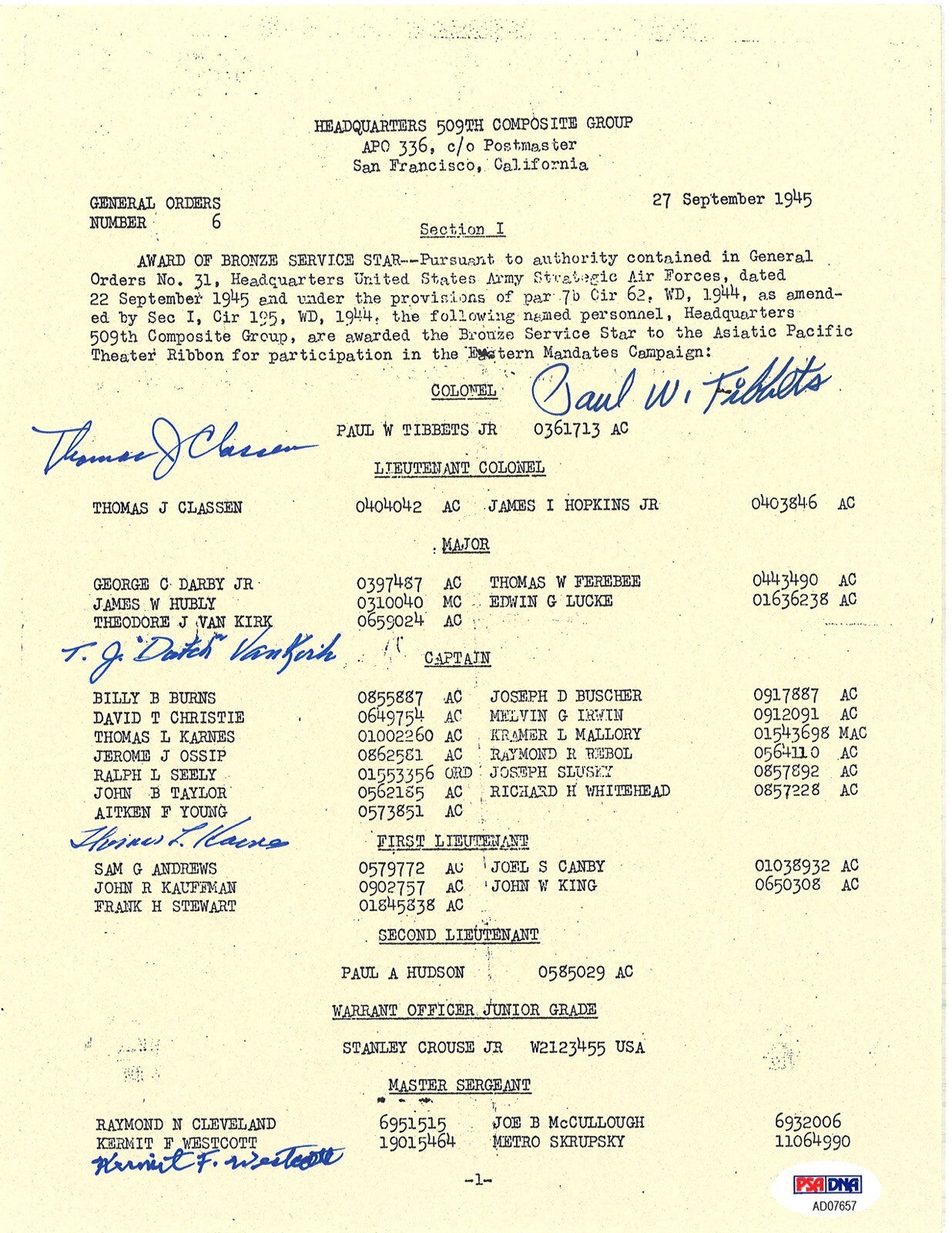 509th COMP GROUP MULTI SIGNED BRONZE STAR DOCUMENT PSA DNA AD07657 (D) X50