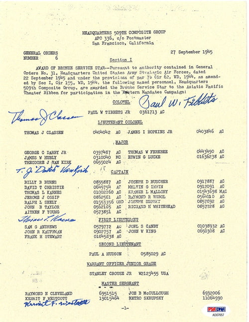 509th COMP GROUP MULTI SIGNED BRONZE STAR DOCUMENT PSA DNA AD07657 (D) X50