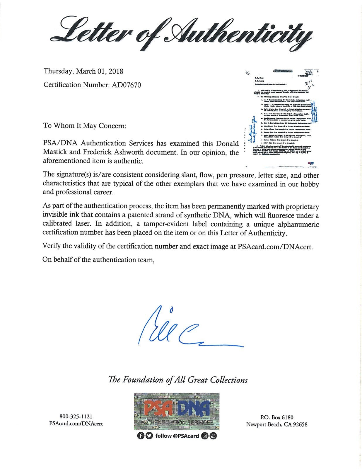 FREDERICK ASHWORTH / DON MASTICK SIGNED PROJECT ALBERTA DOCUMENT PSA DNA AD076701