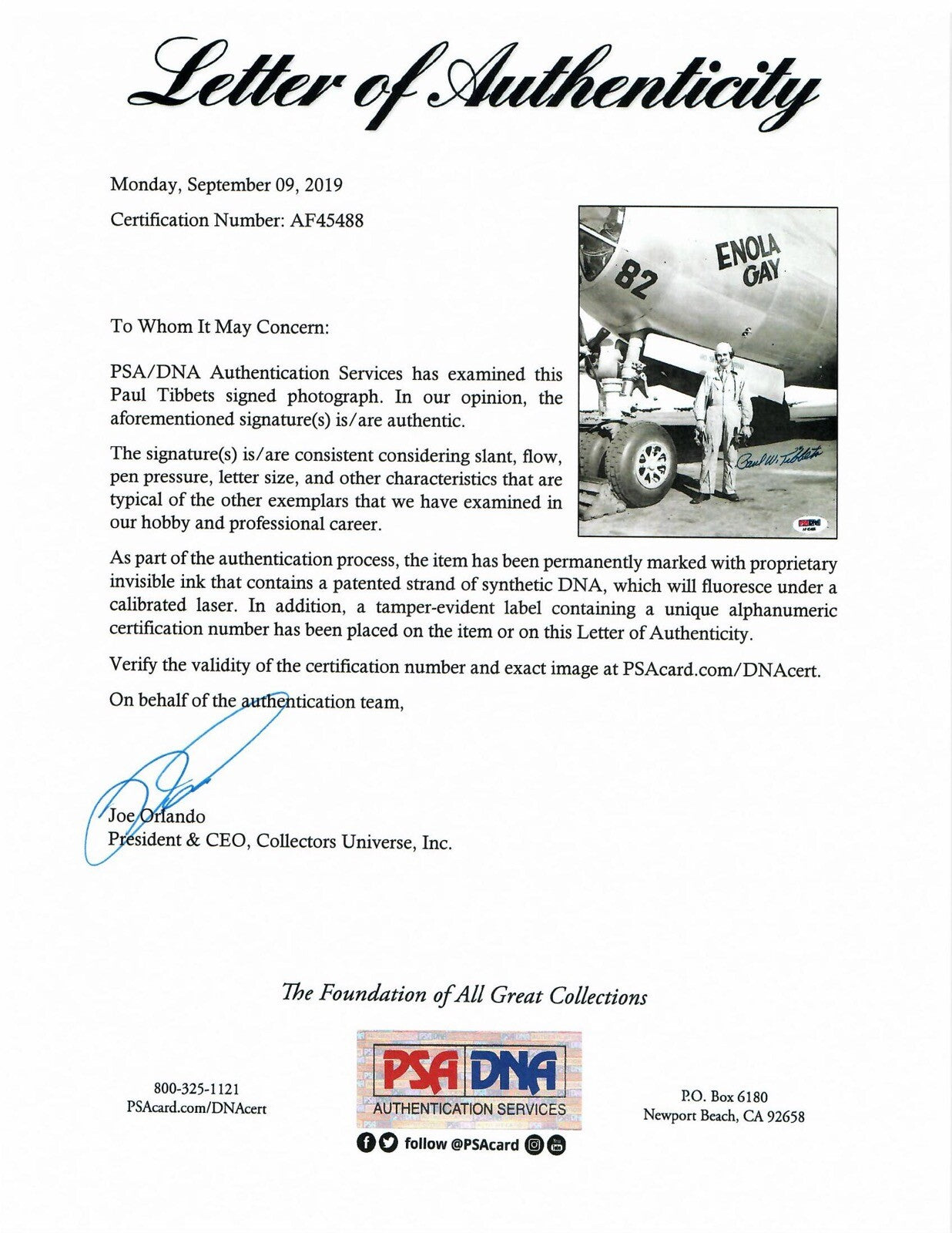 PAUL TIBBETS SIGNED 8X10 PHOTO PSA DNA AF45488 (D) WWII ENOLA GAY PILOT1