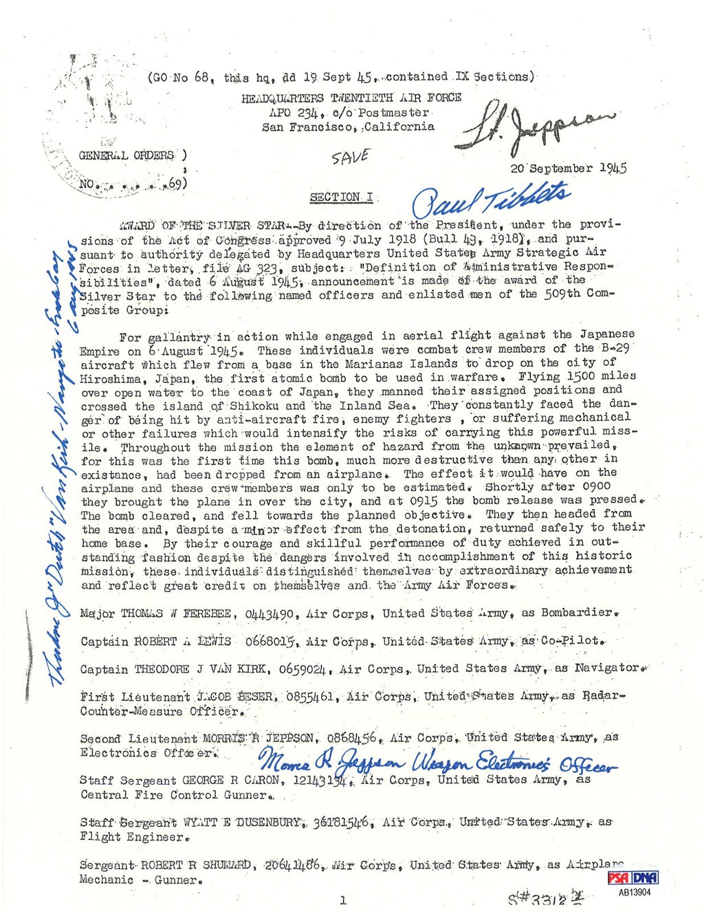 TIBBETS /VAN KIRK / JEPPSON SIGNED SILVER STAR DOCUMENT PSA DNA AB139040