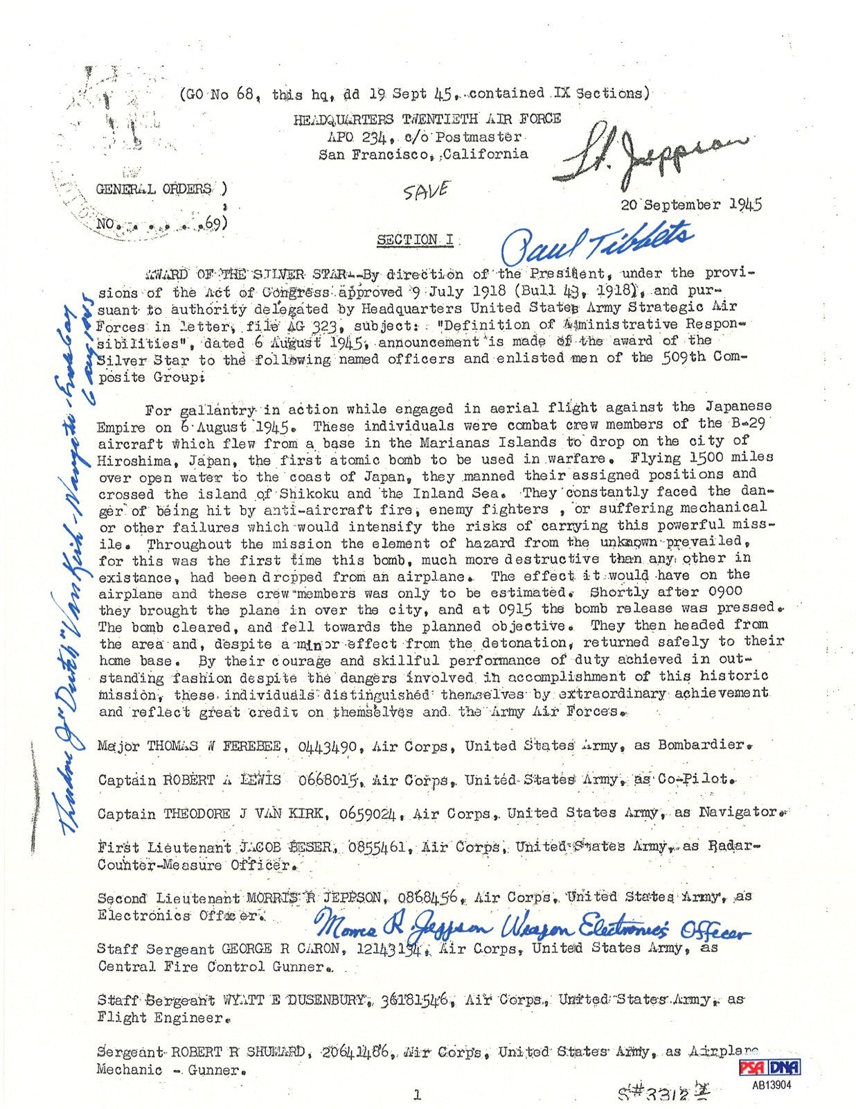 TIBBETS /VAN KIRK / JEPPSON SIGNED SILVER STAR DOCUMENT PSA DNA AB139040