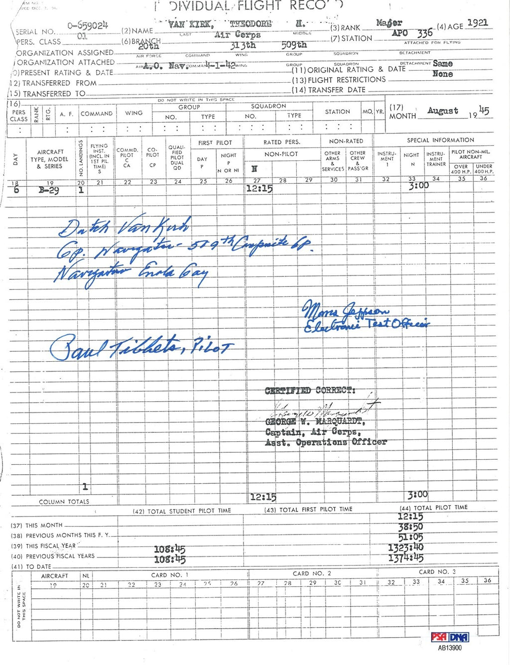 DUTCH VAN KIRK SIGNED FLIGHT RECORD DOCUMENT PSA DNA AB13900 TIBBETS JEPPSON0