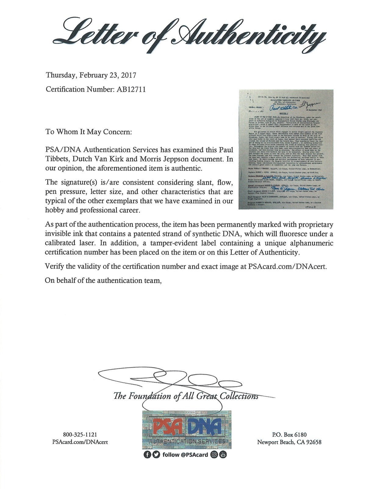 TIBBETS /VAN KIRK / JEPPSON SIGNED SILVER STAR DOCUMENT PSA DNA AB127111