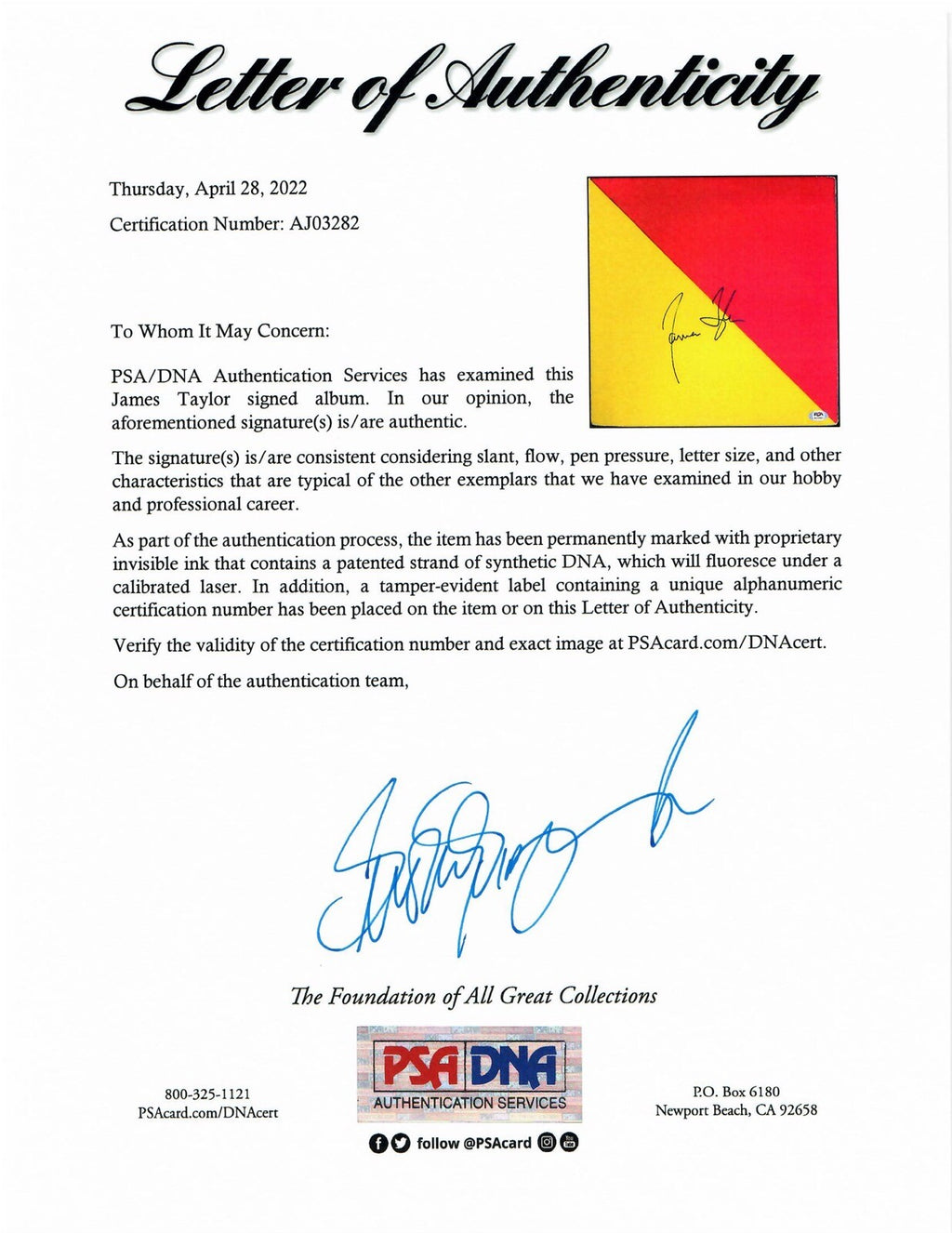 JAMES TAYLOR SIGNED FLAG ALBUM PSA DNA FULL LETTER1