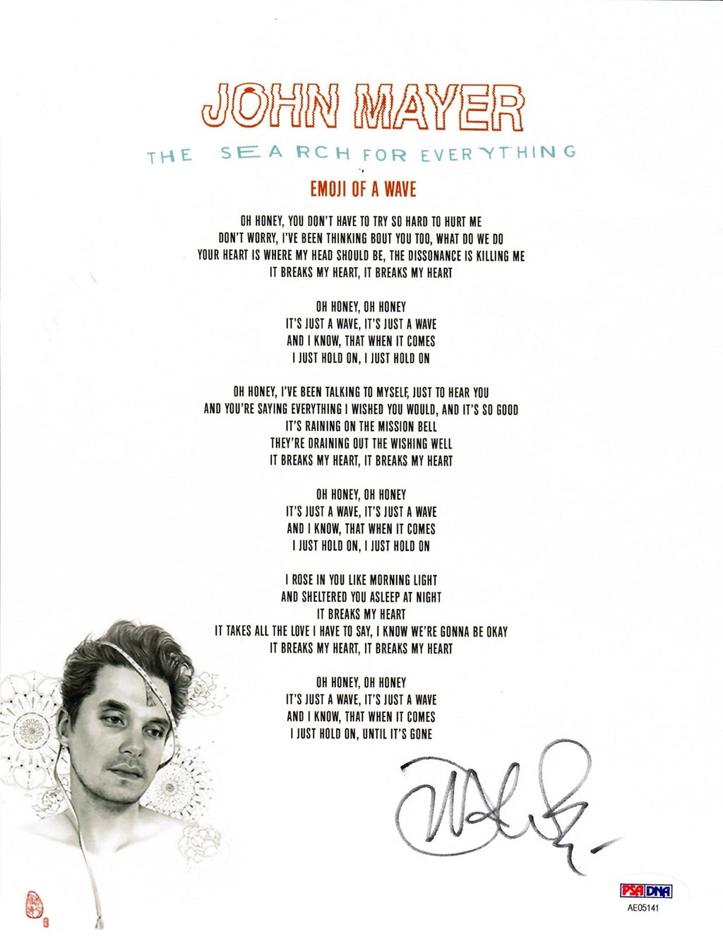 JOHN MAYER SIGNED EMOJI OF A WAVE LYRIC SHEET PSA DNA FULL LETTER0