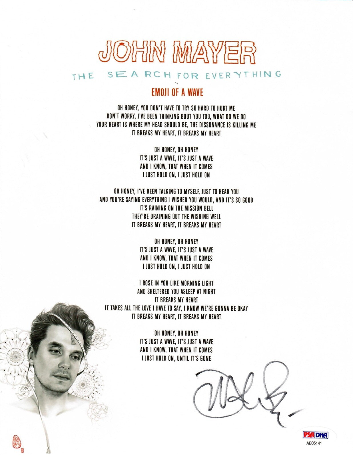JOHN MAYER SIGNED EMOJI OF A WAVE LYRIC SHEET PSA DNA FULL LETTER0