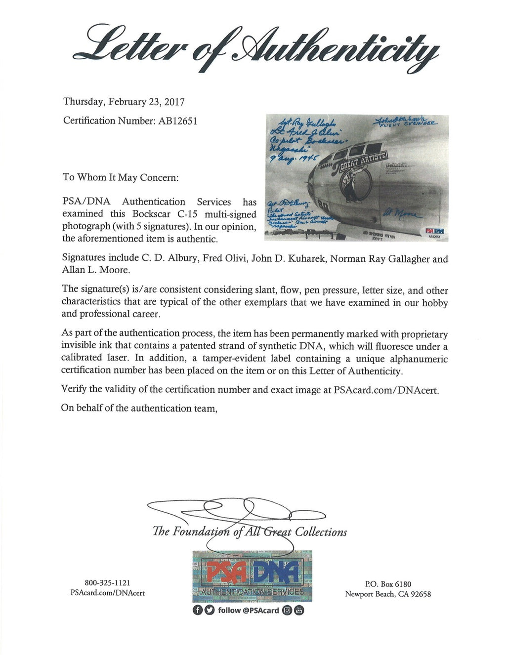 BOCKSCAR C-15 MULTI SIGNED 5X7 PHOTO PSA DNA AB12651 (D) X5 MEMBERS1