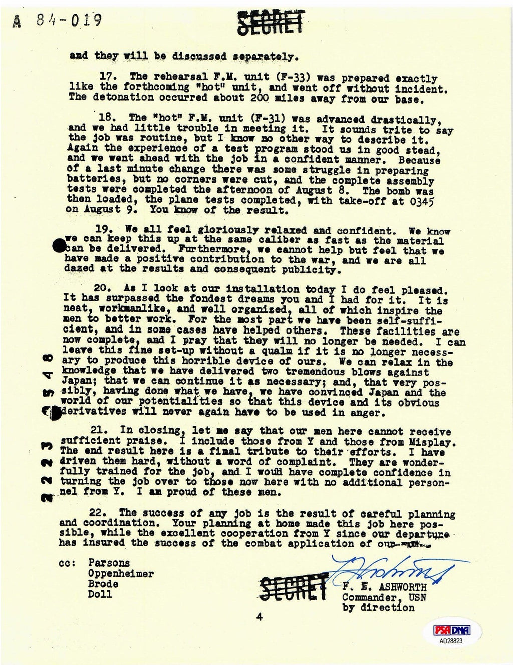 FREDERICK ASHWORTH SIGNED DOCUMENT PSA DNA AD28823 (D) WWII PROJECT ALBERTA0
