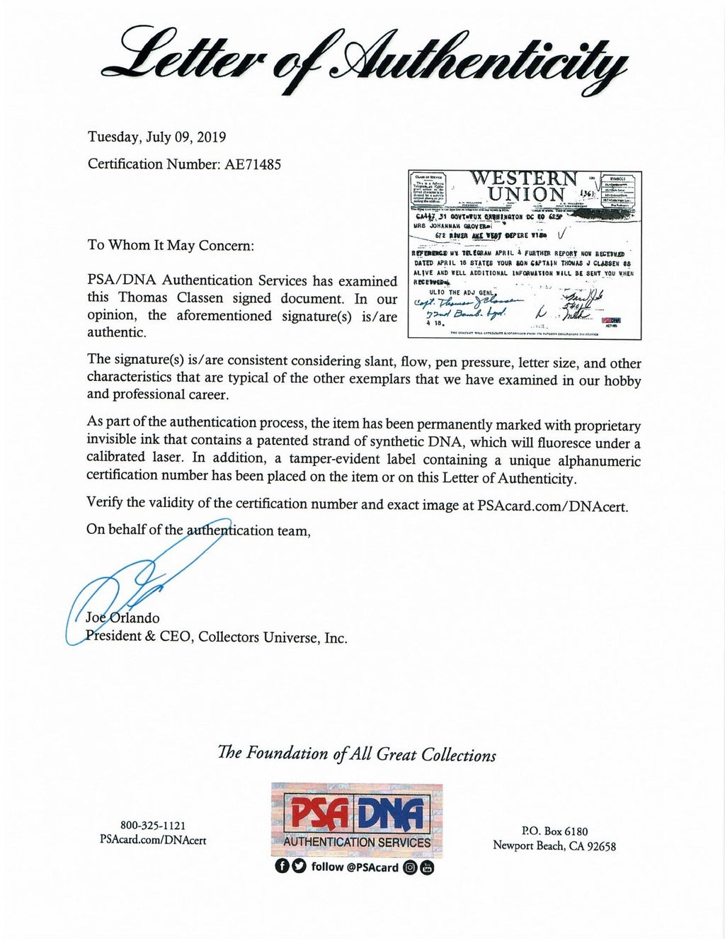 THOMAS CLASSEN SIGNED WESTERN UNION DOCUMENT PSA DNA AE71485 (D) WWII 72ND BS1