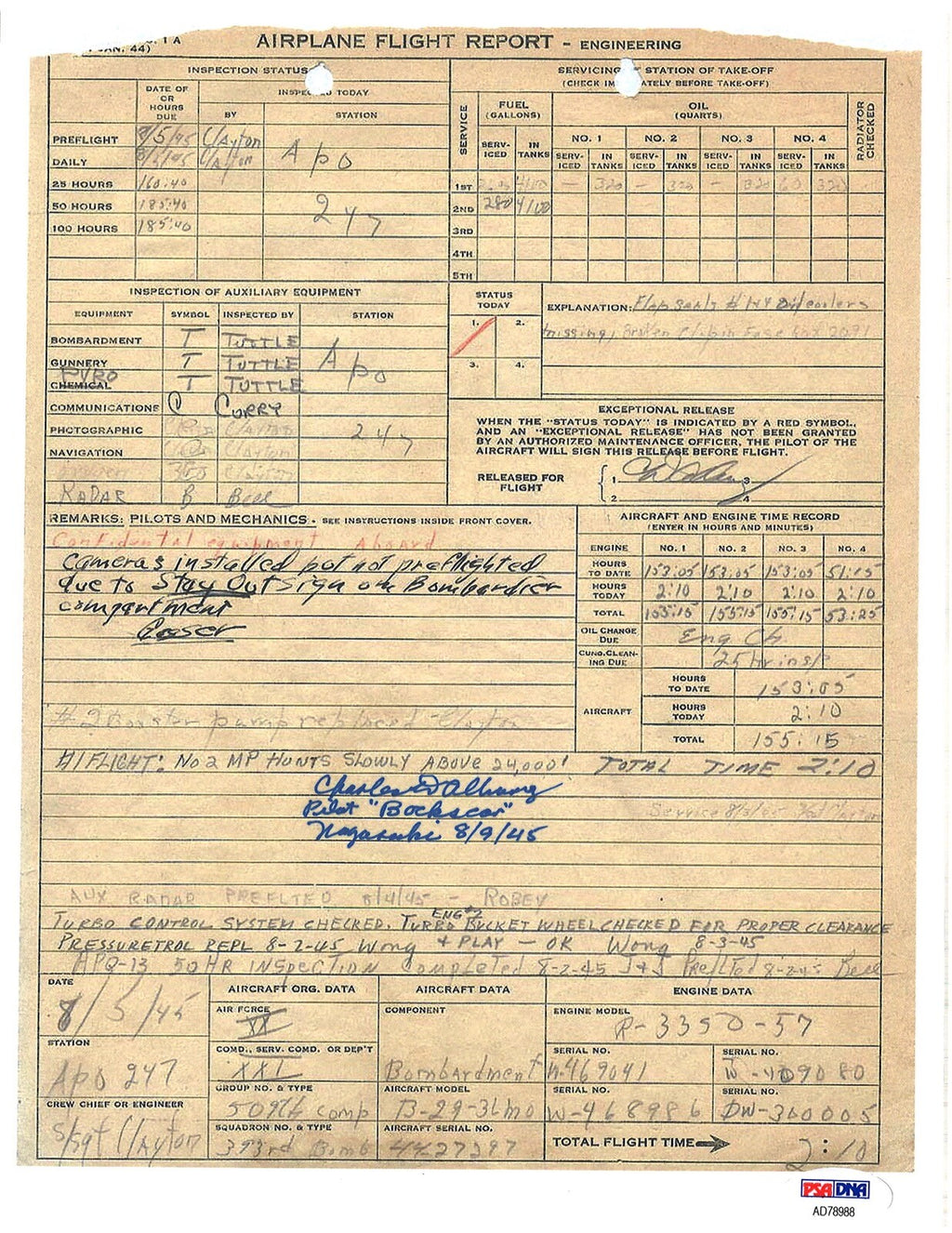 CD ALBURY SIGNED FLIGHT RECORD DOCUMENT PSA DNA AD78988 BOCKSCAR NAGASAKI 8/9/450