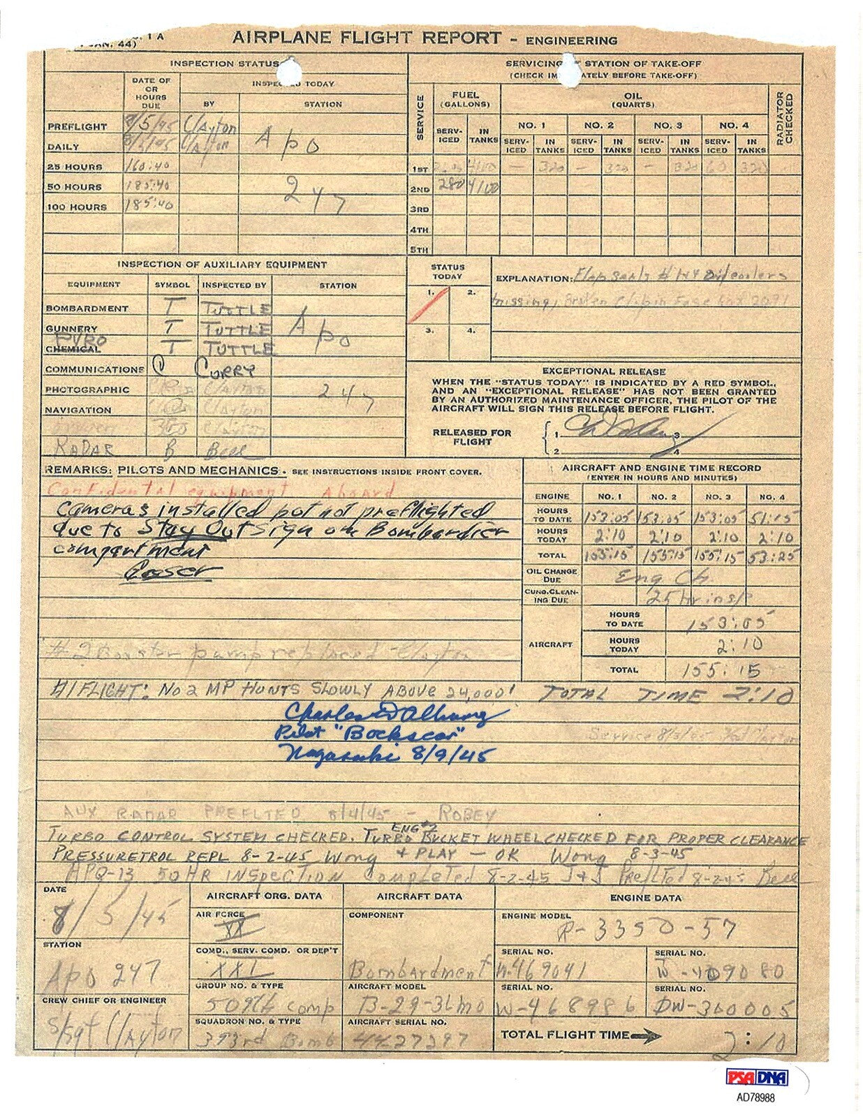 CD ALBURY SIGNED FLIGHT RECORD DOCUMENT PSA DNA AD78988 BOCKSCAR NAGASAKI 8/9/450