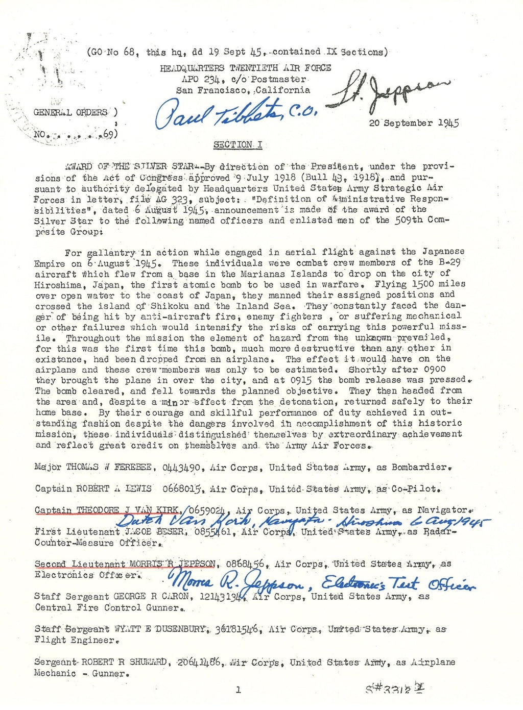 TIBBETS /VAN KIRK / JEPPSON SIGNED SILVER STAR DOCUMENT PSA DNA AB127110