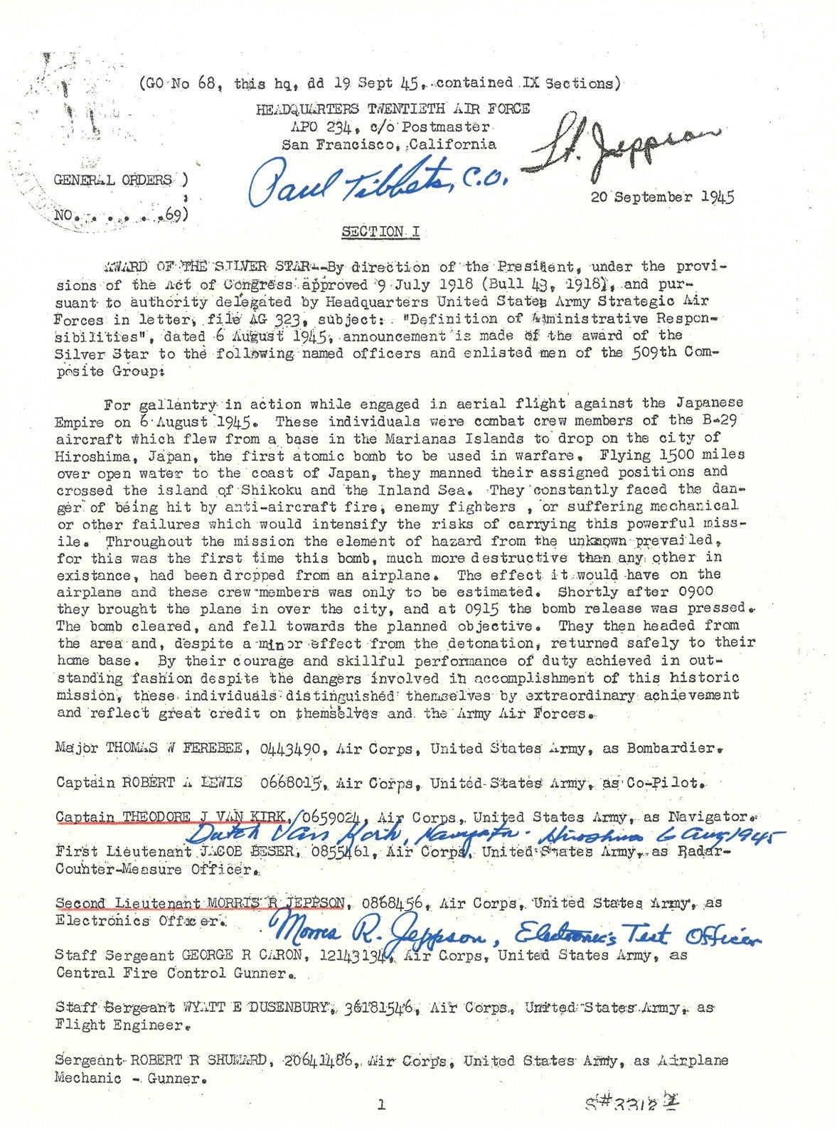 TIBBETS /VAN KIRK / JEPPSON SIGNED SILVER STAR DOCUMENT PSA DNA AB127110