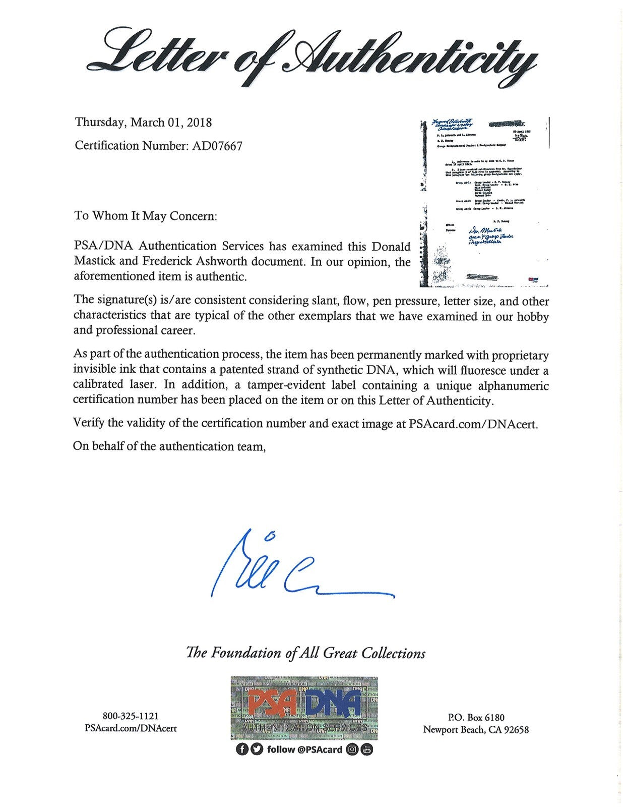 FREDERICK ASHWORTH / DON MASTICK SIGNED PROJECT ALBERTA DOCUMENT PSA DNA AD076671