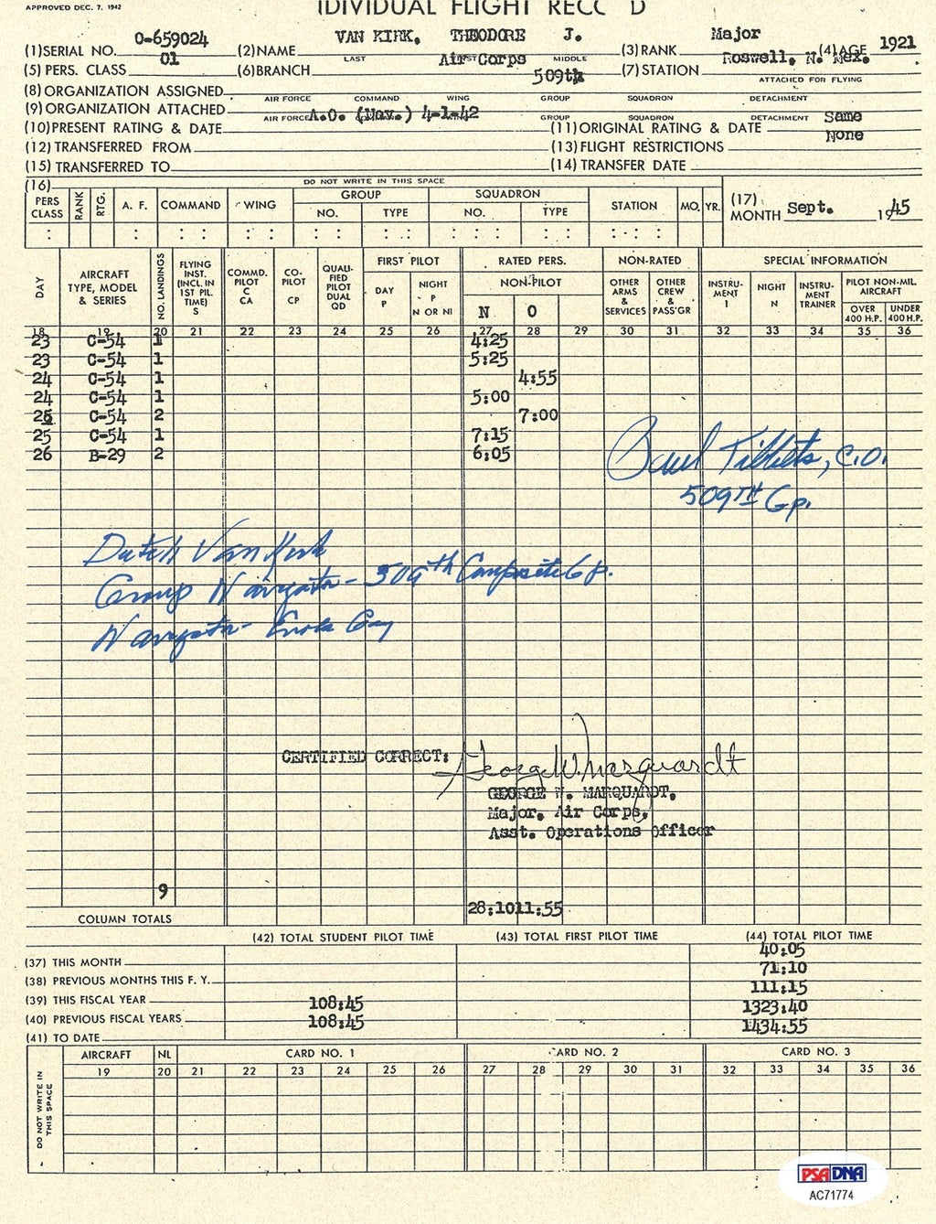 DUTCH VAN KIRK SIGNED FLIGHT RECORD DOCUMENT PSA DNA AC71774 TIBBETS ENOLA GAY0