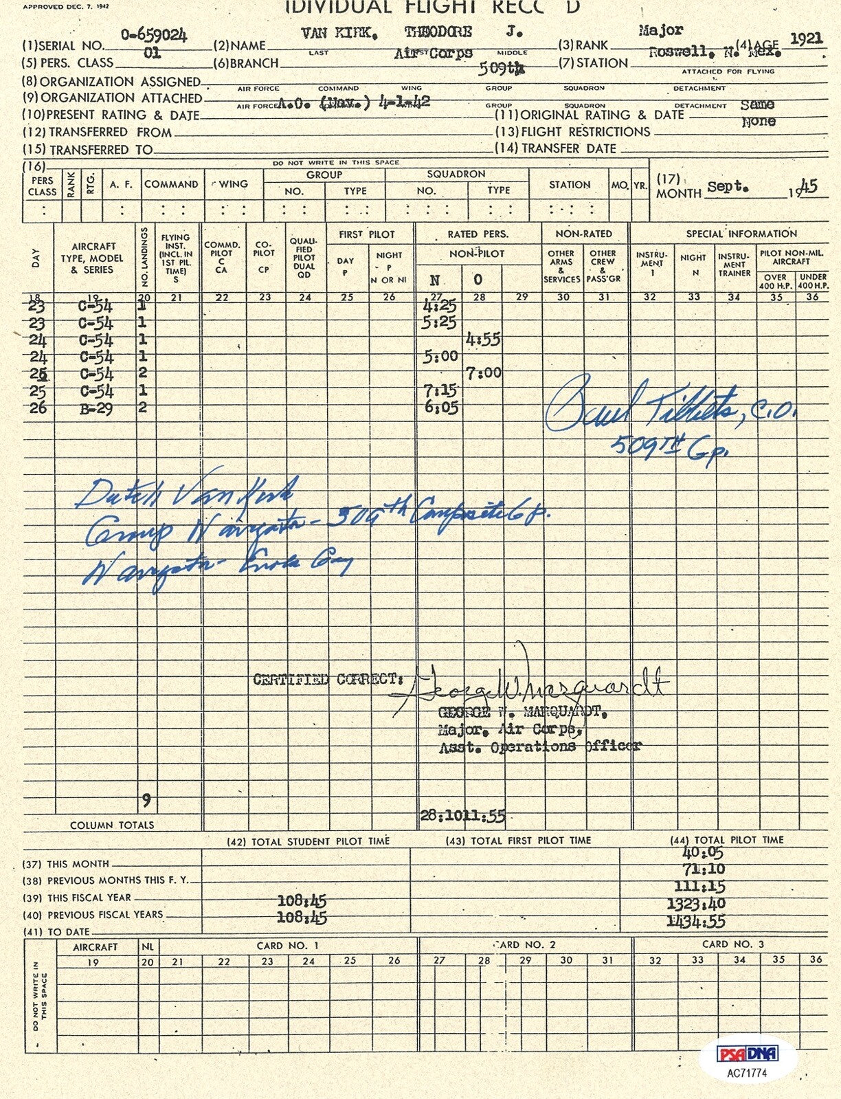 DUTCH VAN KIRK SIGNED FLIGHT RECORD DOCUMENT PSA DNA AC71774 TIBBETS ENOLA GAY0