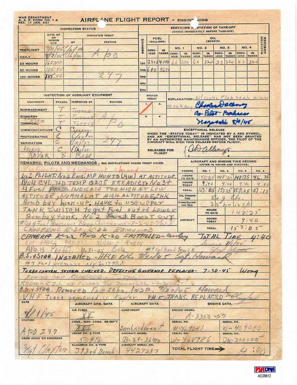 CD ALBURY SIGNED FLIGHT RECORD DOCUMENT PSA DNA AD28812 BOCKSCAR NAGASAKI 8/9/450