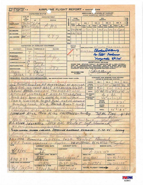 CD ALBURY SIGNED FLIGHT RECORD DOCUMENT PSA DNA AD28812 BOCKSCAR NAGASAKI 8/9/450