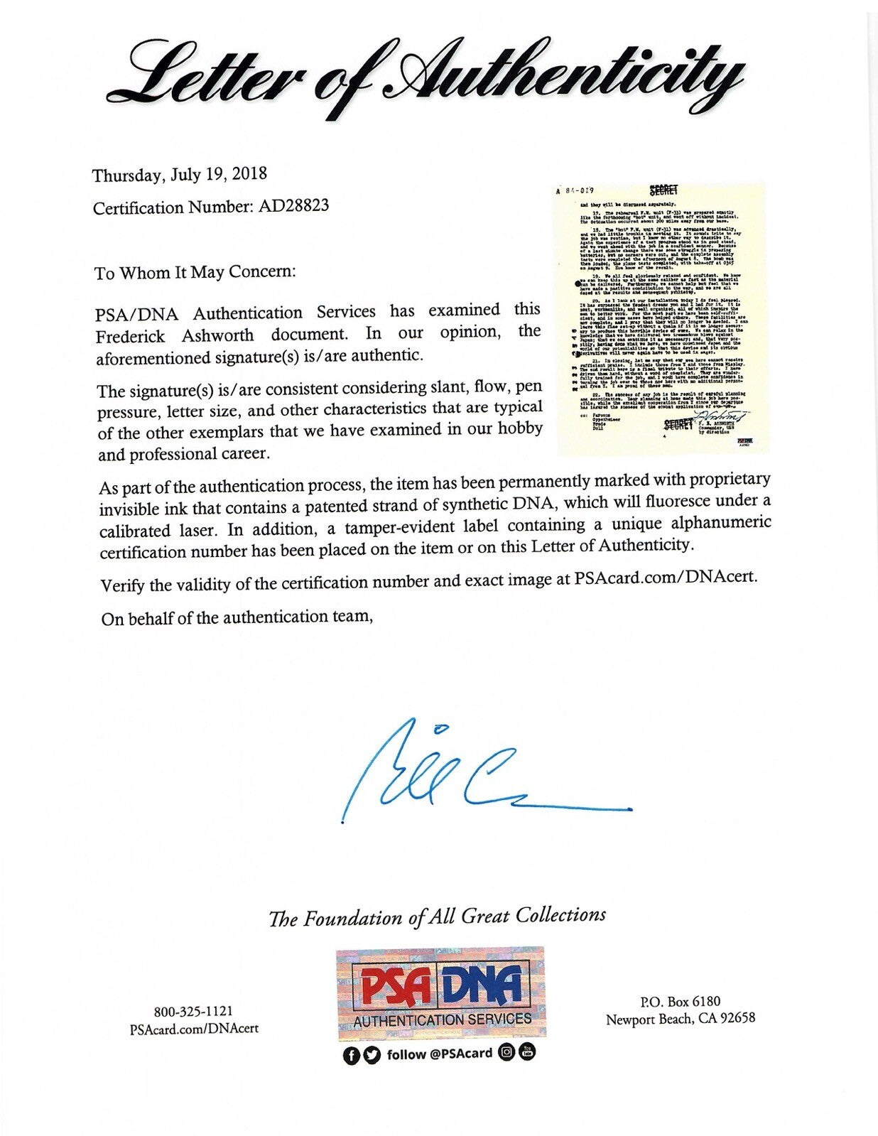 FREDERICK ASHWORTH SIGNED DOCUMENT PSA DNA AD28823 (D) WWII PROJECT ALBERTA1