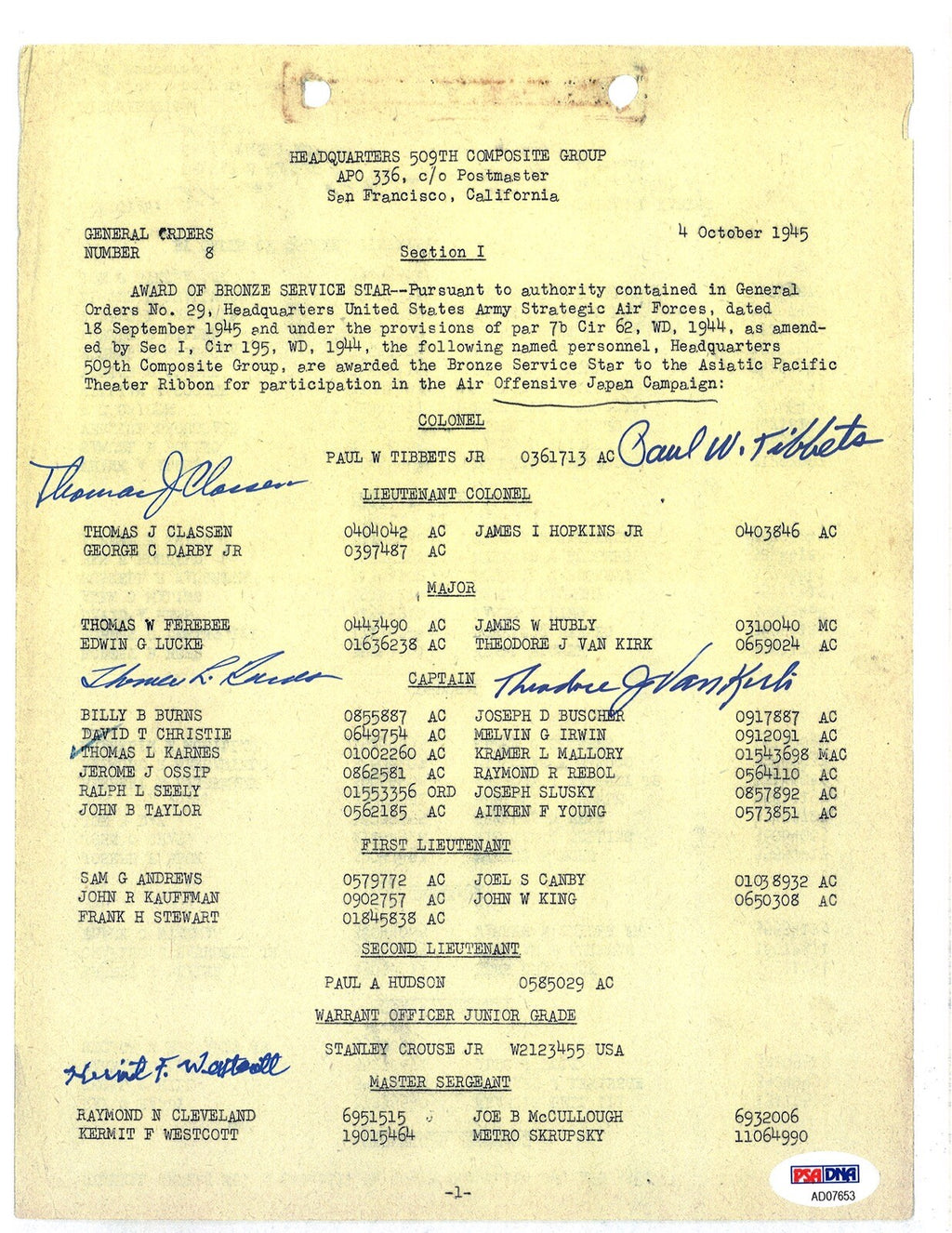 509th COMP GROUP MULTI SIGNED BRONZE STAR DOCUMENT PSA DNA AD07653 (D) X50