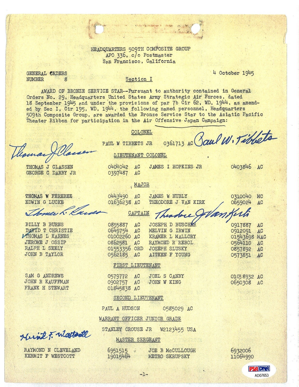 509th COMP GROUP MULTI SIGNED BRONZE STAR DOCUMENT PSA DNA AD07653 (D) X50