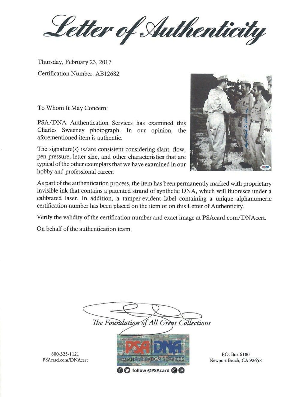 CHARLES SWEENEY SIGNED 8X10 PHOTO PSA DNA AB12682 (D) WWII PILOT BOCKSCAR C-151