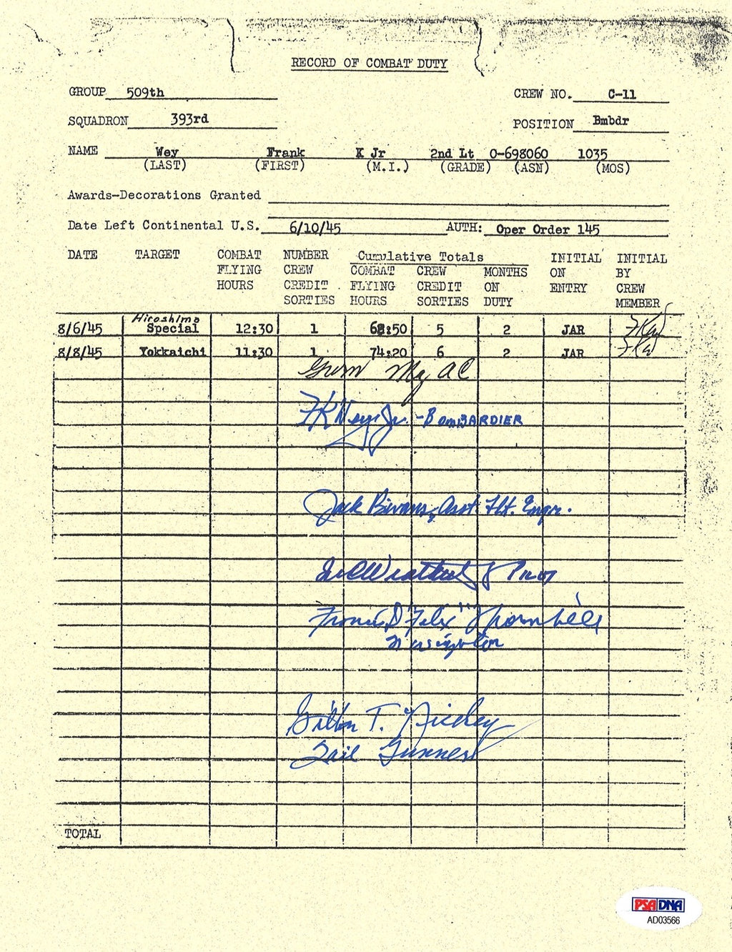 FRANK WEY MULTI SIGNED RECORD OF COMBAT DUTY DOCUMENT PSA DNA AD03566 X50
