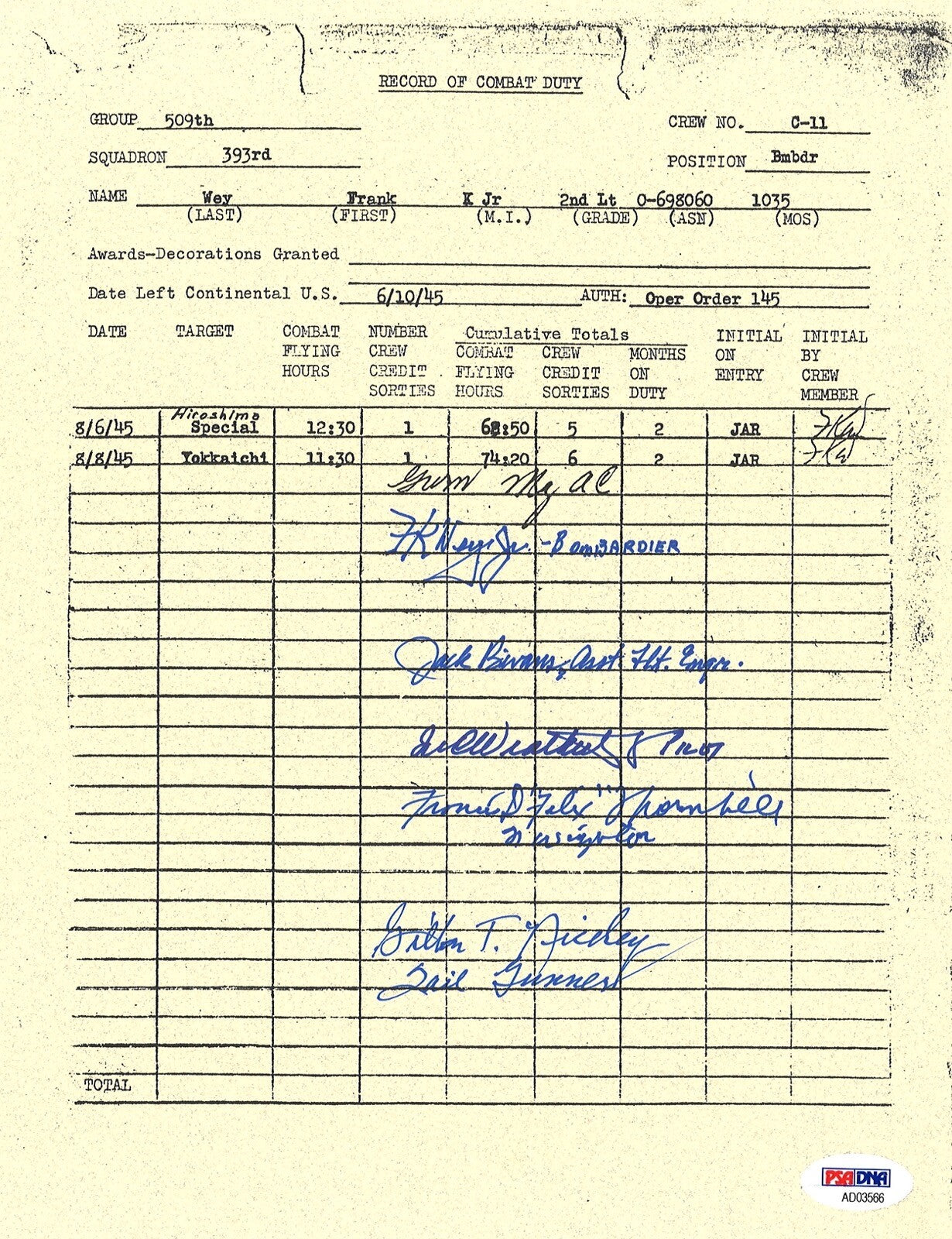 FRANK WEY MULTI SIGNED RECORD OF COMBAT DUTY DOCUMENT PSA DNA AD03566 X50