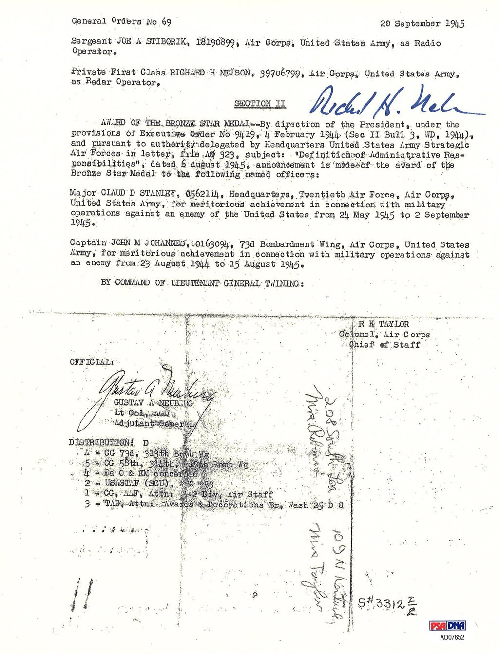RICHARD NELSON SIGNED BRONZE STAR DOCUMENT PSA DNA AD07652 (D) ENOLA GAY0