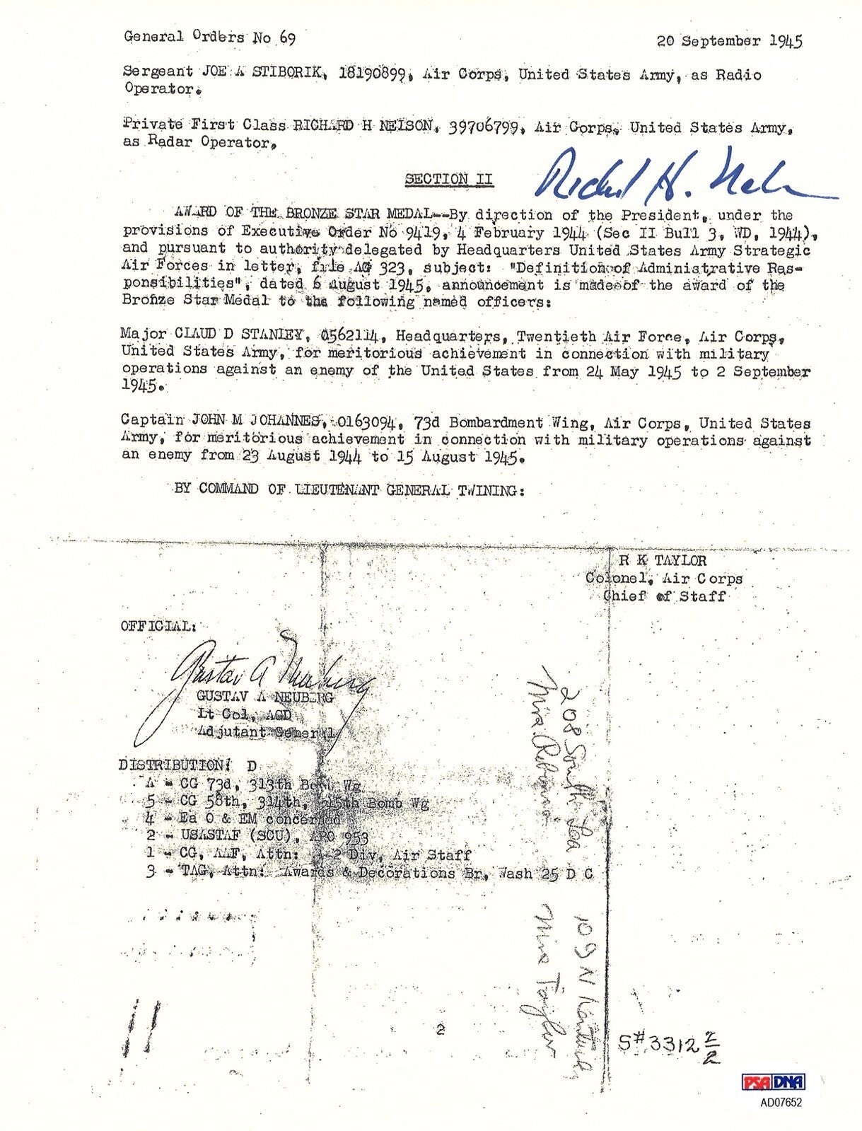 RICHARD NELSON SIGNED BRONZE STAR DOCUMENT PSA DNA AD07652 (D) ENOLA GAY0