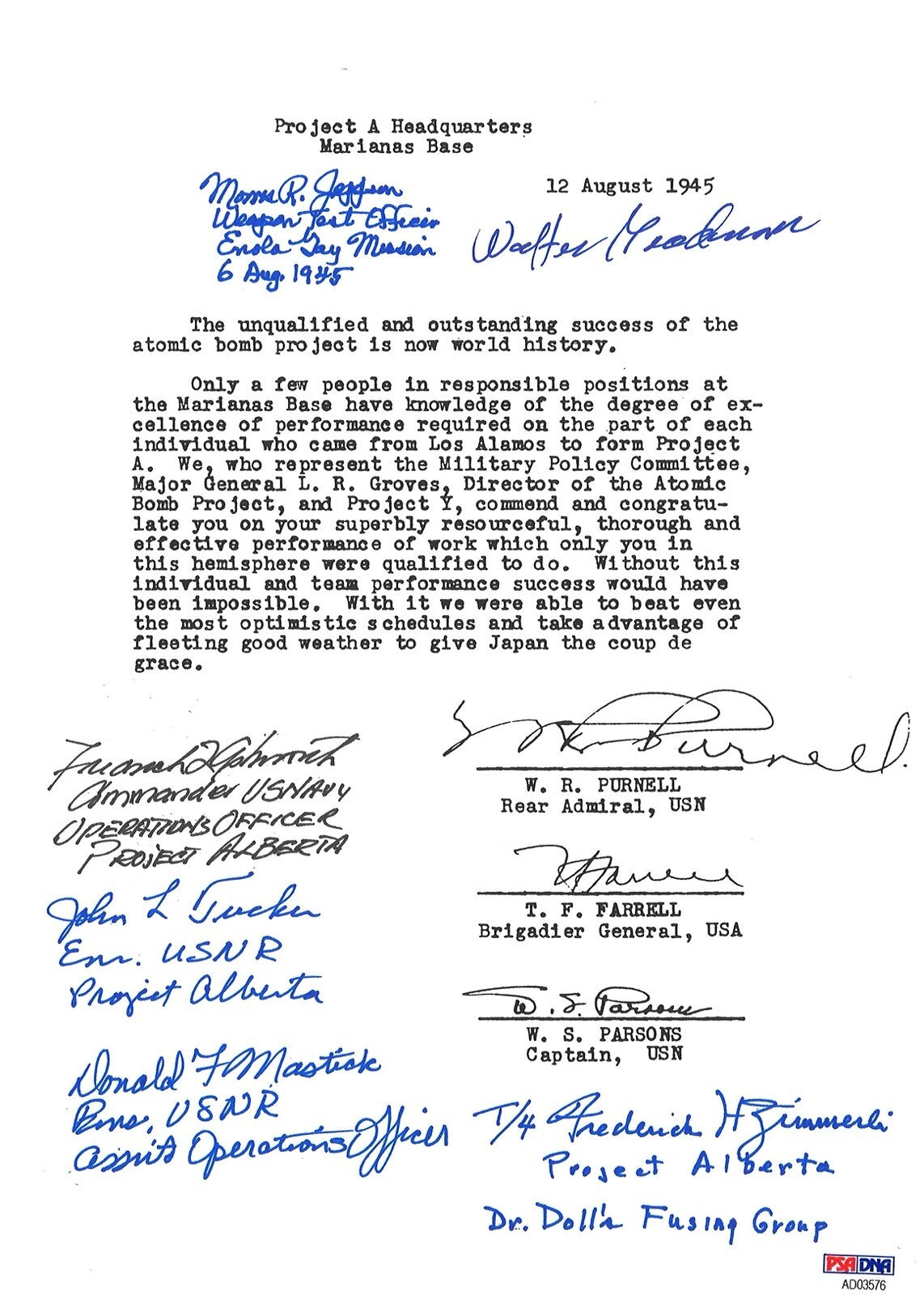 PROJECT ALBERTA MULTI SIGNED LOS ALAMOS DOCUMENT PSA DNA AD03576 x6 RARE0
