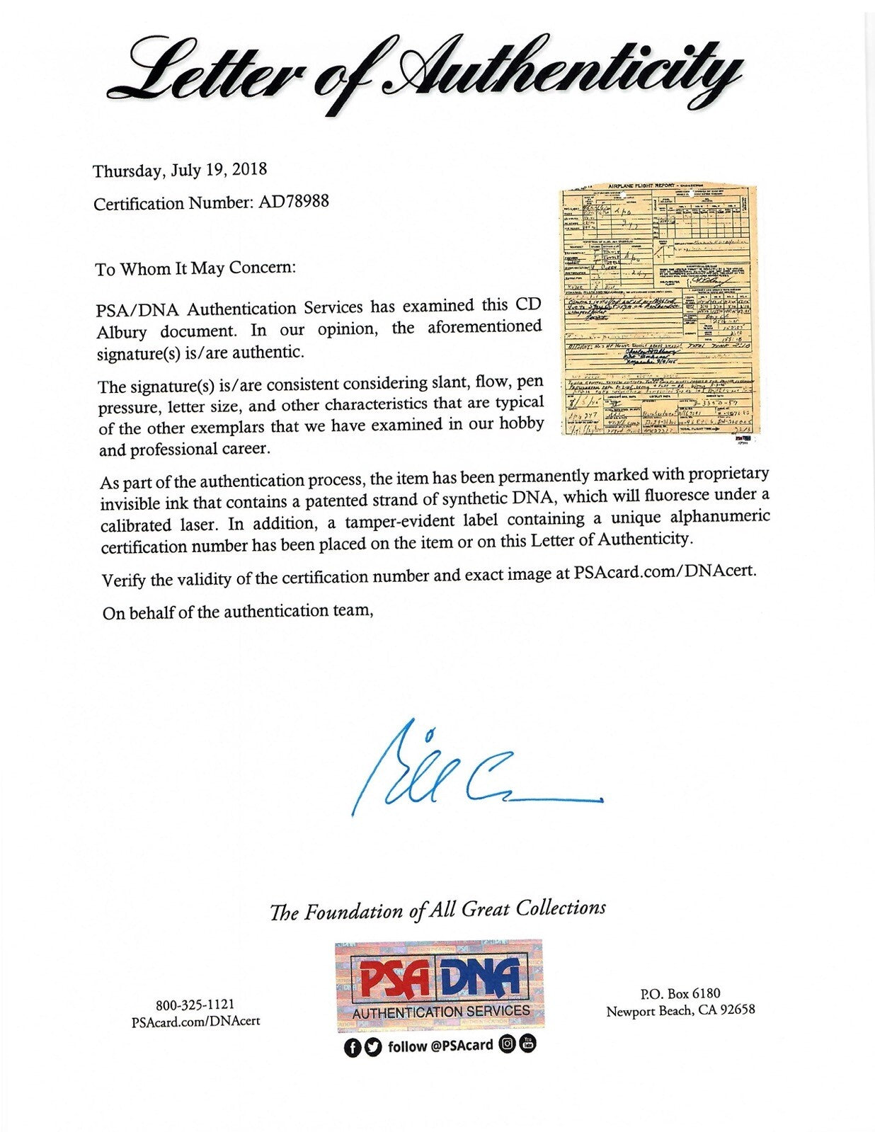 CD ALBURY SIGNED FLIGHT RECORD DOCUMENT PSA DNA AD78988 BOCKSCAR NAGASAKI 8/9/451