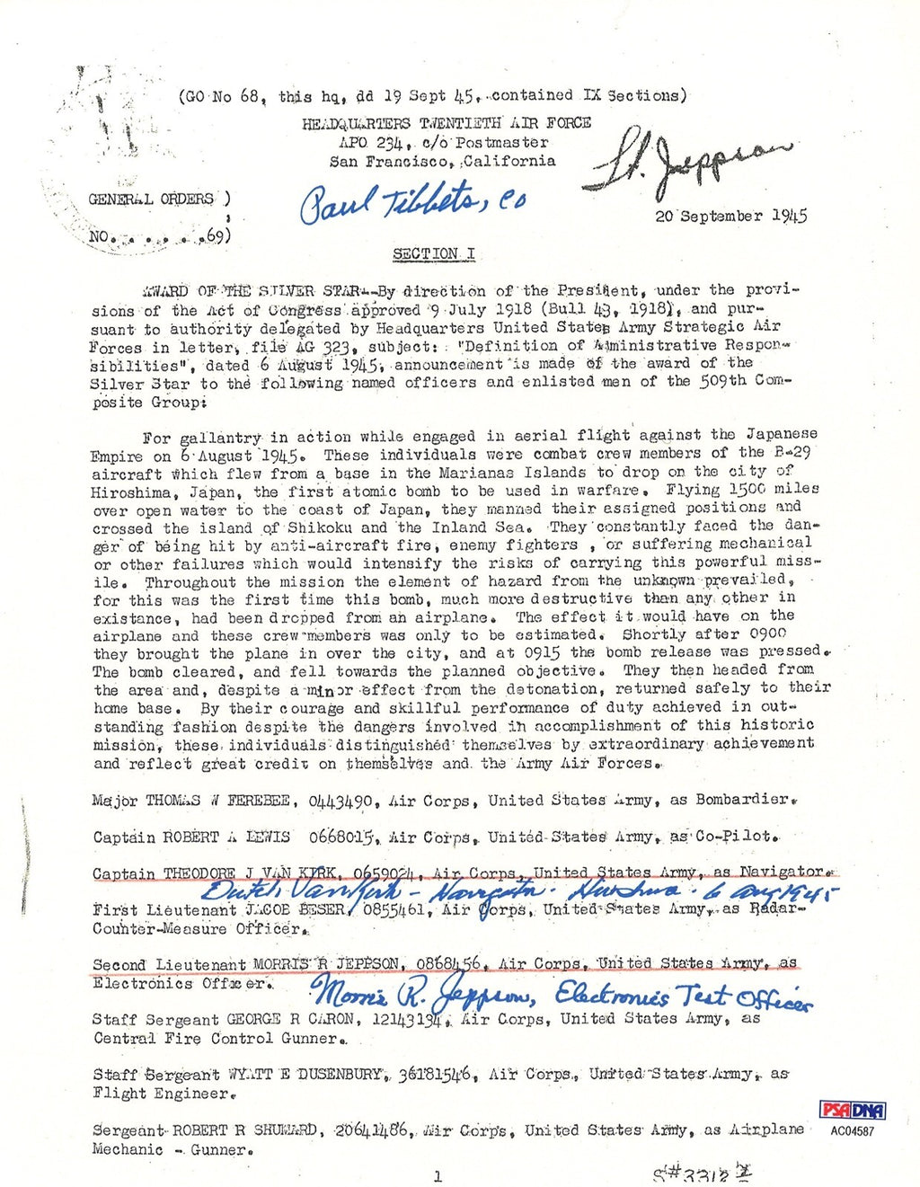 TIBBETS /VAN KIRK / JEPPSON SIGNED SILVER STAR DOCUMENT PSA DNA AC045870
