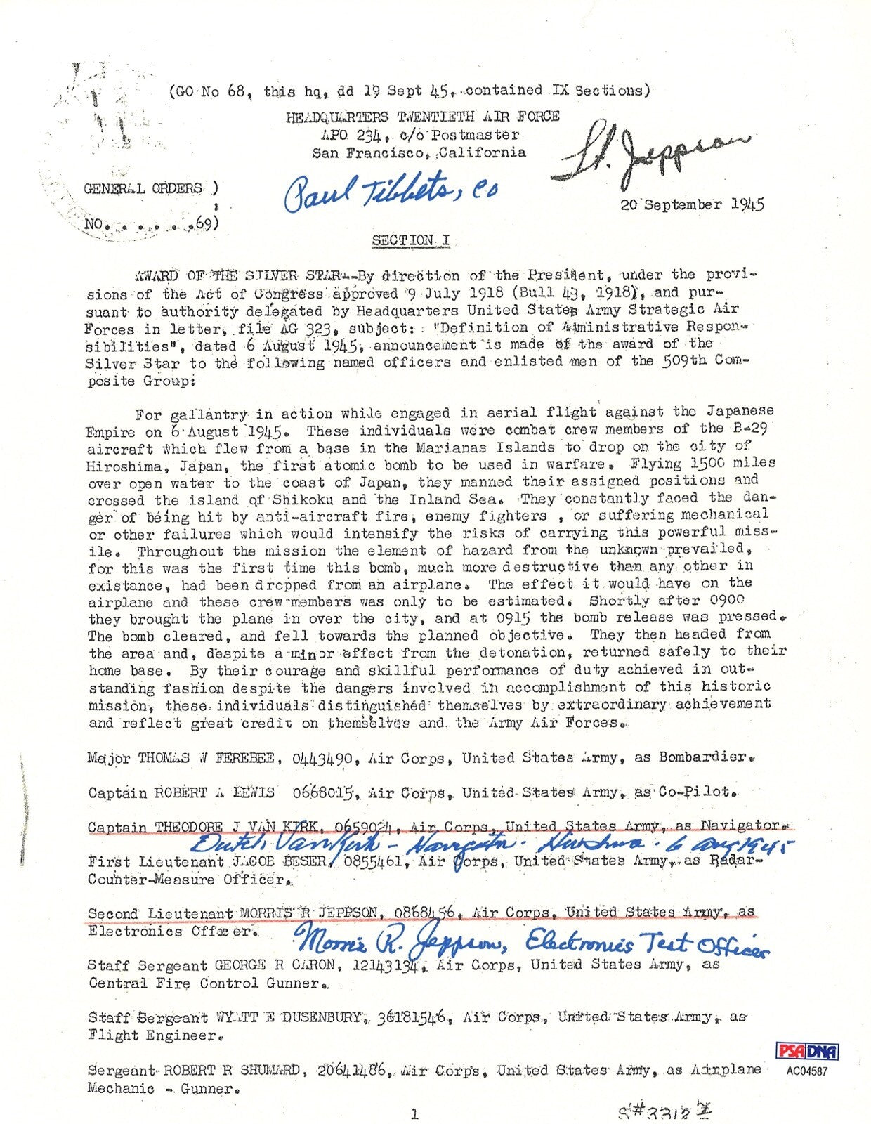 TIBBETS /VAN KIRK / JEPPSON SIGNED SILVER STAR DOCUMENT PSA DNA AC045870