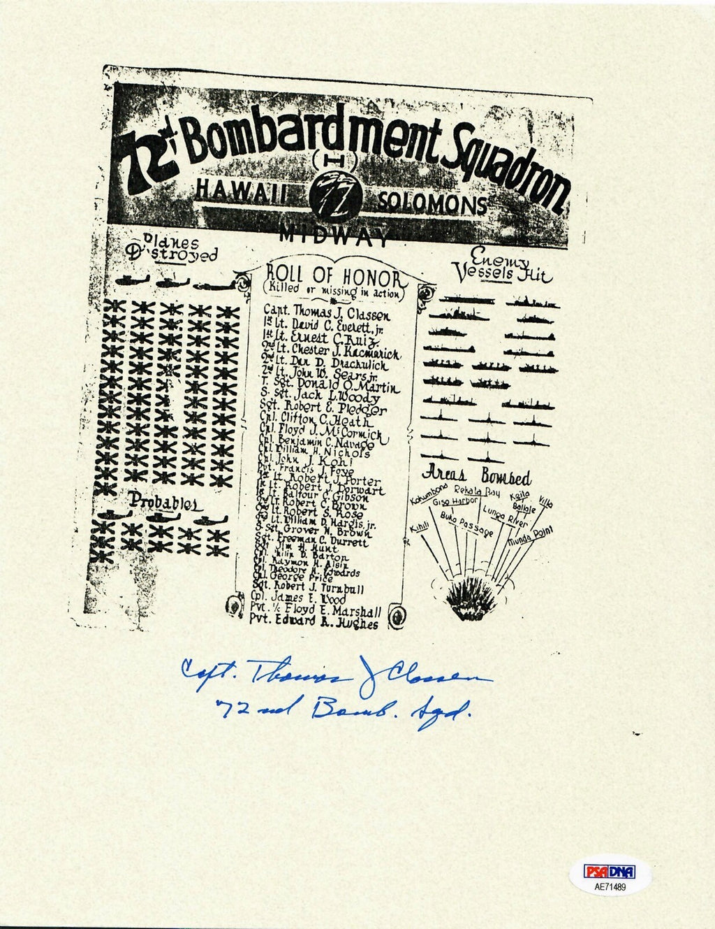 THOMAS CLASSEN SIGNED ROLL OF HONOR DOCUMENT PSA DNA AE71489 (D) WWII 72ND BS0