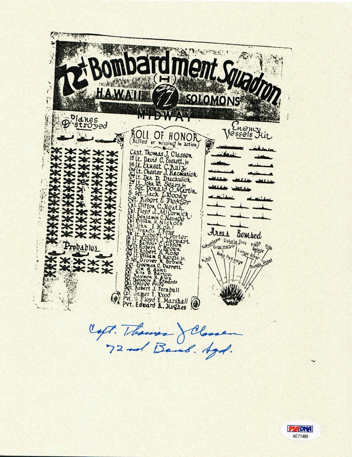 THOMAS CLASSEN SIGNED ROLL OF HONOR DOCUMENT PSA DNA AE71489 (D) WWII 72ND BS0