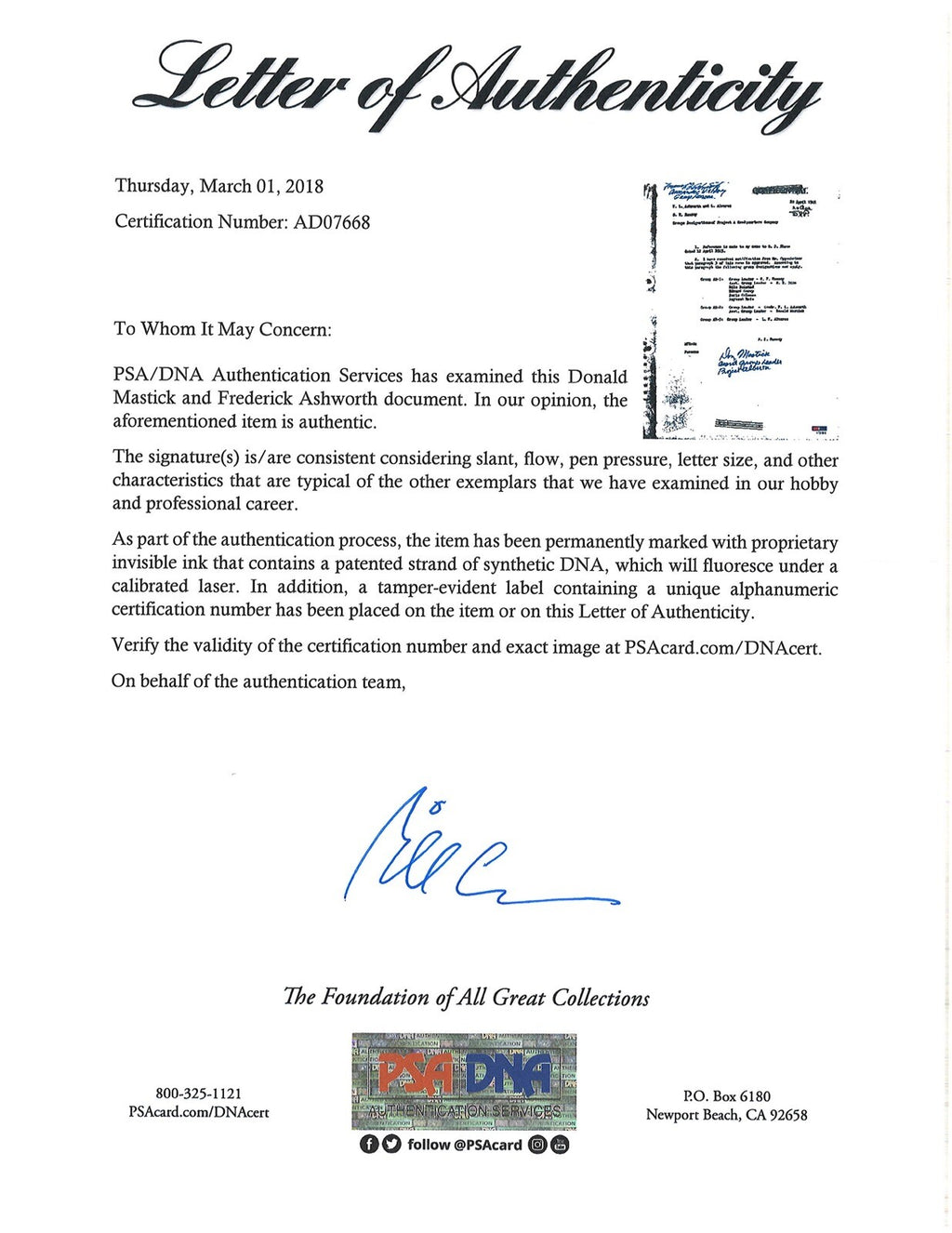 FREDERICK ASHWORTH / DON MASTICK SIGNED PROJECT ALBERTA DOCUMENT PSA DNA AD076681
