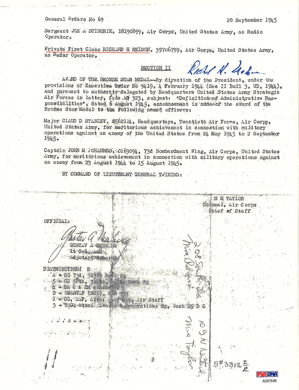 RICHARD NELSON SIGNED SILVER STAR DOCUMENT PSA DNA AD07648 (D) ENOLA GAY0