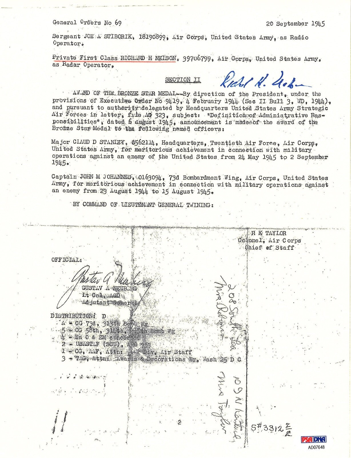RICHARD NELSON SIGNED SILVER STAR DOCUMENT PSA DNA AD07648 (D) ENOLA GAY0