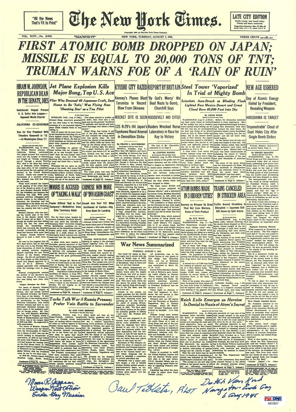 ENOLA GAY CREW SIGNED NEW YORK TIMES FRONT PAGE PRINT PSA DNA AB13917 (D) X30