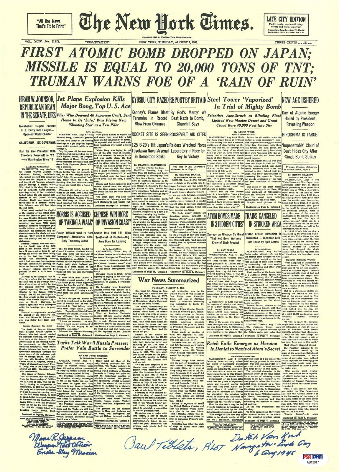 ENOLA GAY CREW SIGNED NEW YORK TIMES FRONT PAGE PRINT PSA DNA AB13917 (D) X30