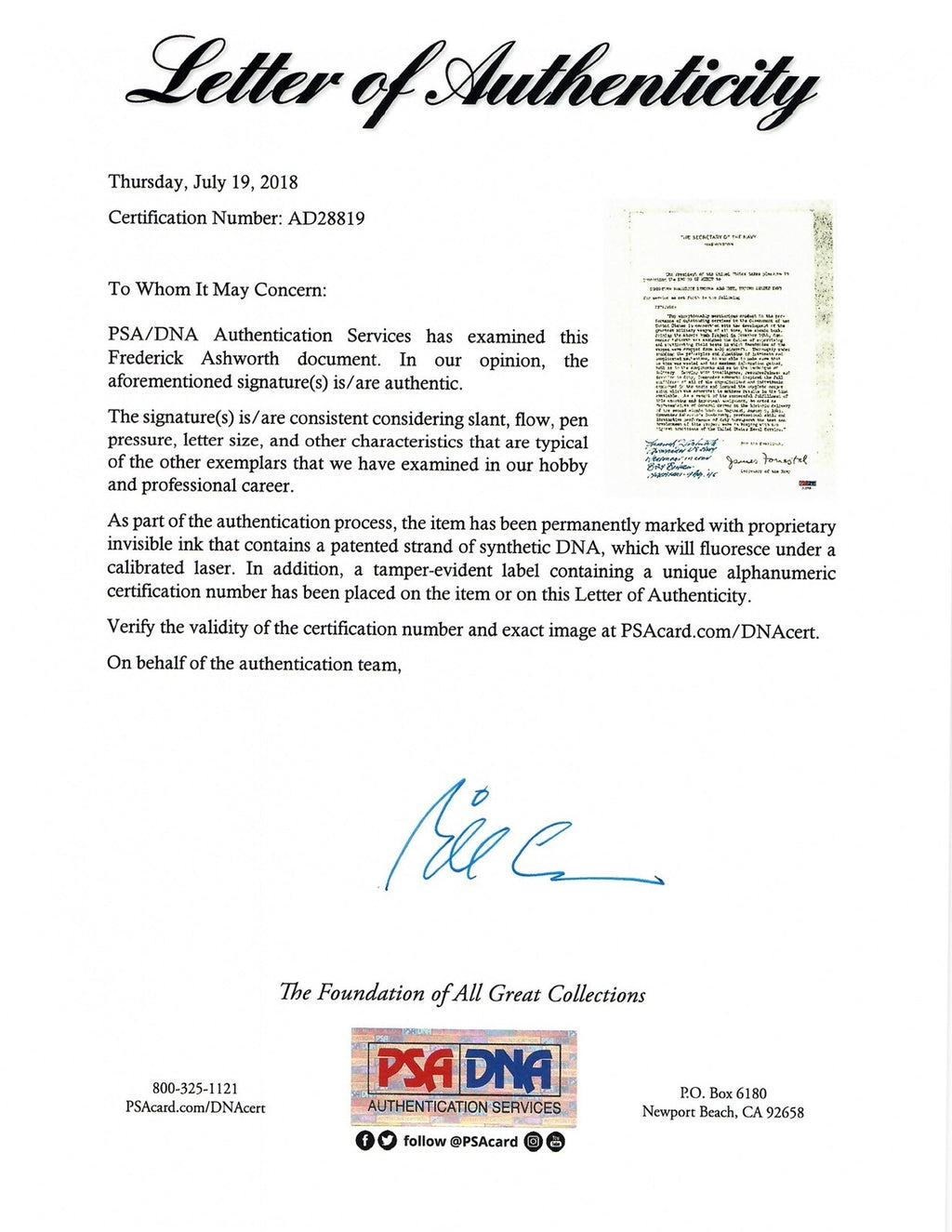 FREDERICK ASHWORTH SIGNED LEGION OF MERIT DOCUMENT PSA DNA AD28819 (D) WWII1