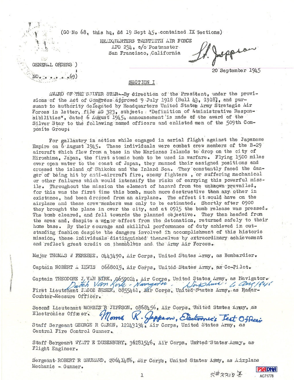 DUTCH VAN KIRK & MORRIS JEPPSON SIGNED SILVER STAR DOCUMENT PSA DNA AC71778 (D)0