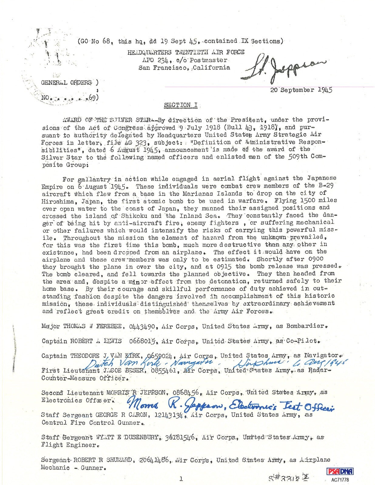 DUTCH VAN KIRK & MORRIS JEPPSON SIGNED SILVER STAR DOCUMENT PSA DNA AC71778 (D)0
