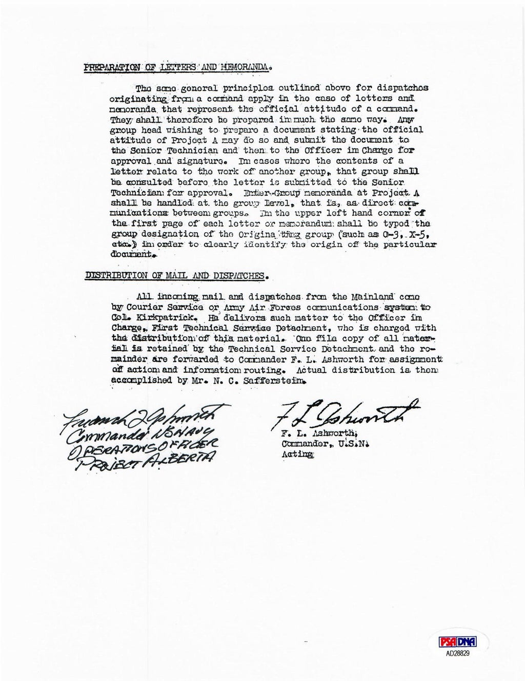 FREDERICK ASHWORTH SIGNED DOCUMENT PSA DNA AD28829 (D) WWII PROJECT ALBERTA0